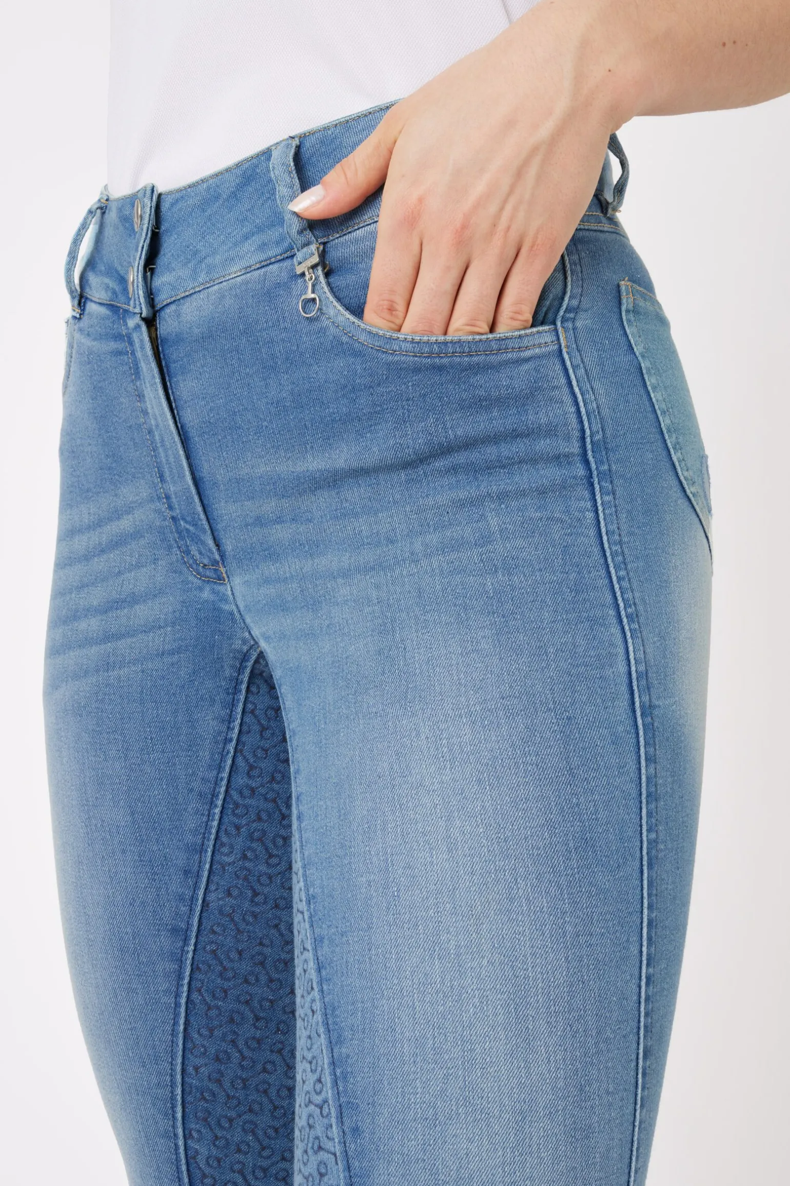 Horze Kaia denim-ridebukser, høyt liv og helforsterket med silikon, dame